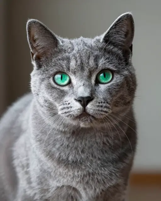Close-up portrait of a plush gray Russian blue cat with bright emerald green eyes looking directly at the viewer.