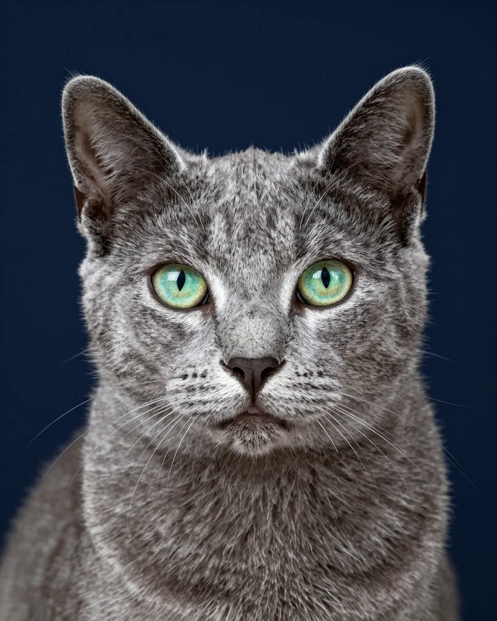 Close-up head portrait of a Russian Blue cat with bright green eyes against a deep navy background