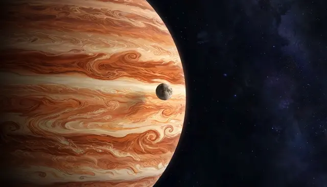 A banded rust and cream gas giant fills most of the frame as a small moon crosses its face against starry deep space.