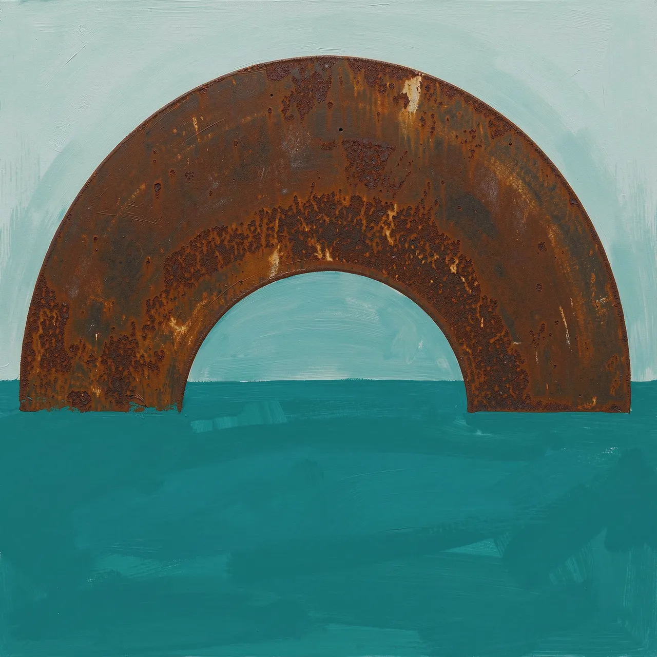 An abstract painting of a textured rusted semicircle rising above a solid teal ground against a pale muted background