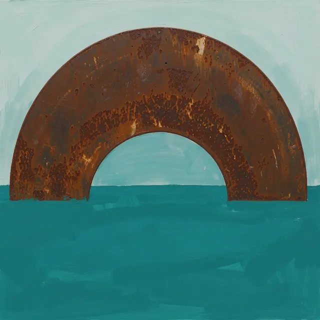 An abstract painting of a textured rusted semicircle rising above a solid teal ground against a pale muted background