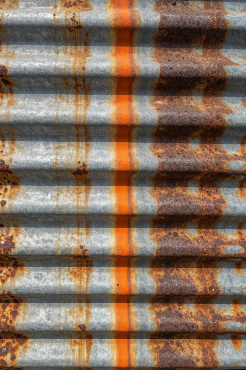 Close-up of weathered corrugated galvanized iron with orange rust drip streaks and dark corroded patches