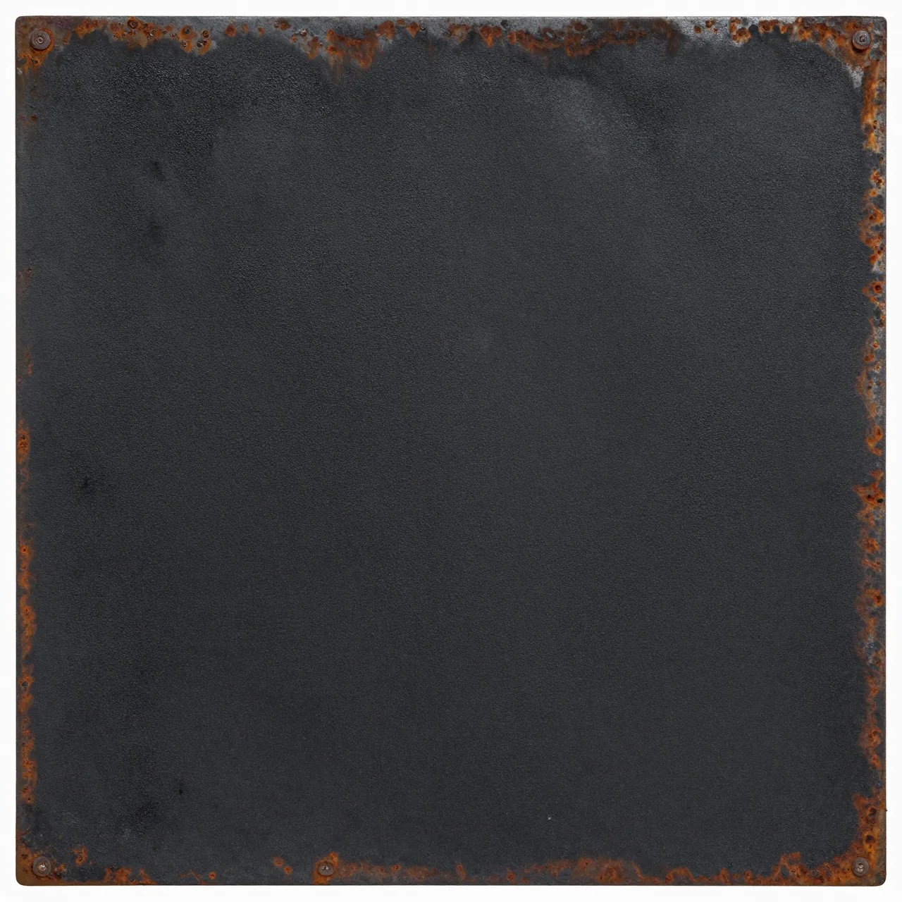 Full frame close-up of a square metal sheet with matte black paint and rusted perimeter edges