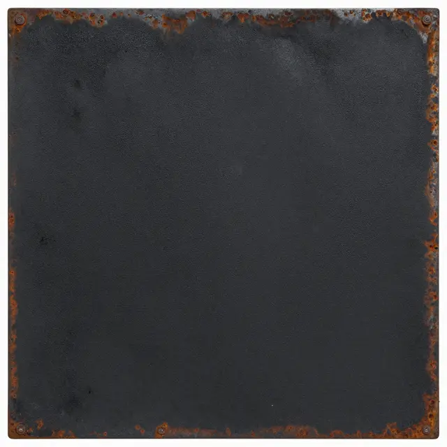 Full frame close-up of a square metal sheet with matte black paint and rusted perimeter edges