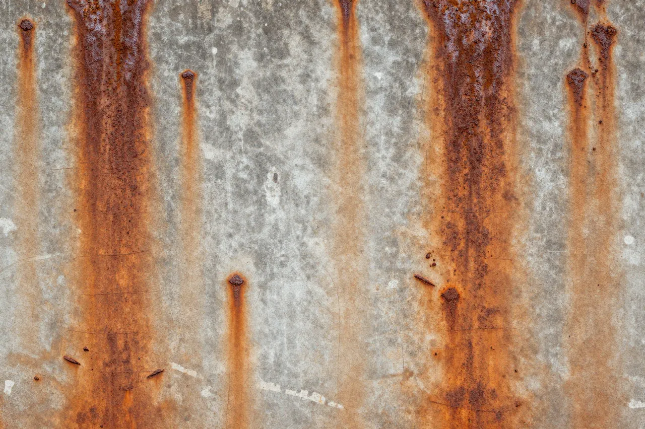 Close-up of weathered gray concrete streaked with vertical rust stains from corroded metal fasteners