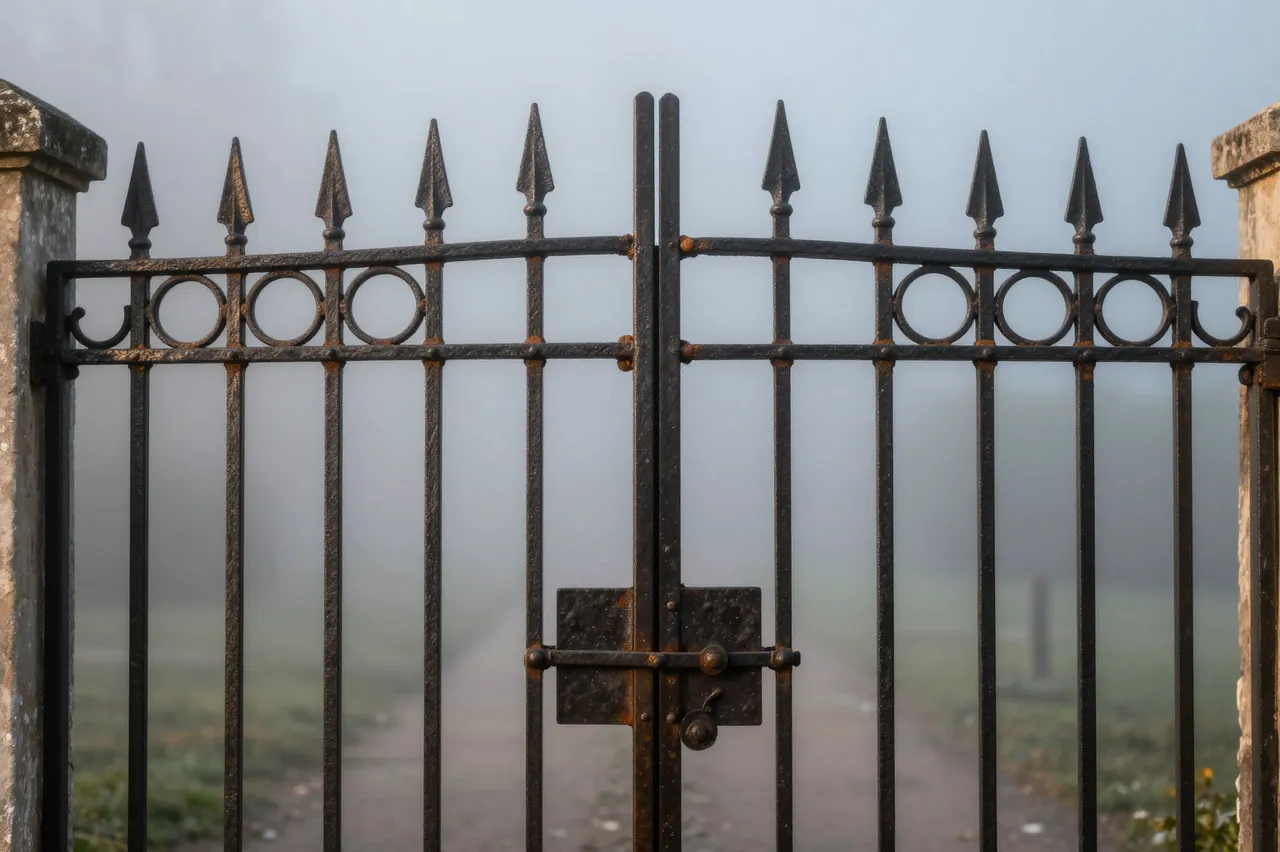 Ornate spiked old wrought iron gate standing against thick foggy atmospheric backdrop