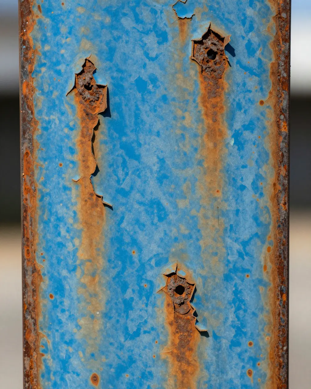 Macro close-up of flaking rust and peeling blue paint on weathered old steel