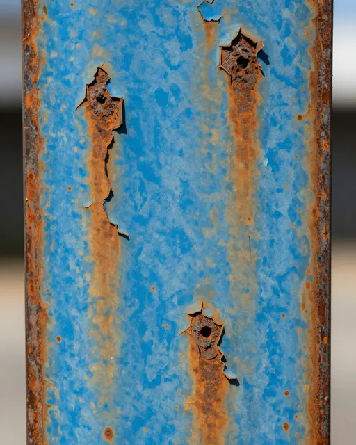 Macro close-up of flaking rust and peeling blue paint on weathered old steel