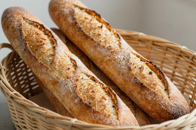 Three crusty floured rustic baguettes rest stacked inside a light woven wicker basket against a soft neutral background