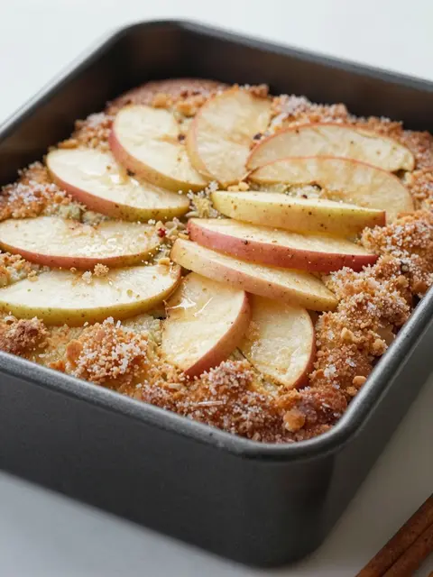 Freshly baked apple cake topped with thin apple slices and sugar crumb in a dark baking pan