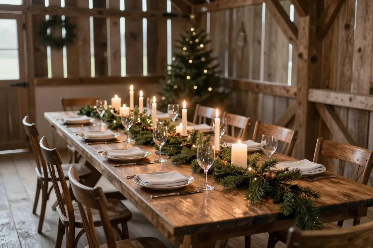 Lit taper candles and cedar garland decorate a long set wooden dining table inside a rustic barn with a Christmas tree in