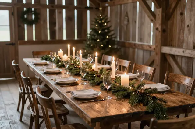 Lit taper candles and cedar garland decorate a long set wooden dining table inside a rustic barn with a Christmas tree in