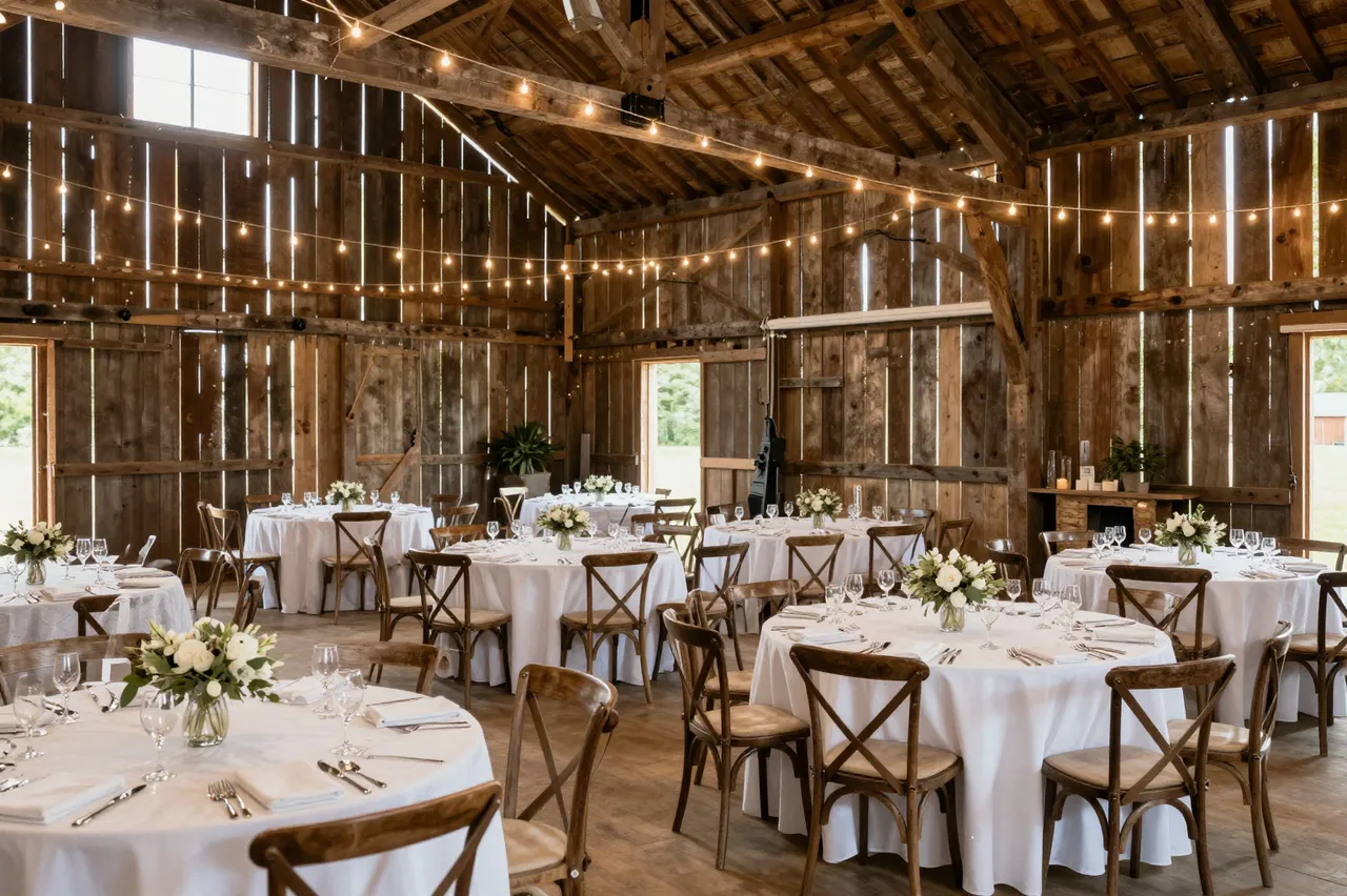 Set round wedding reception tables with floral centerpieces and string lights inside a weathered wooden barn