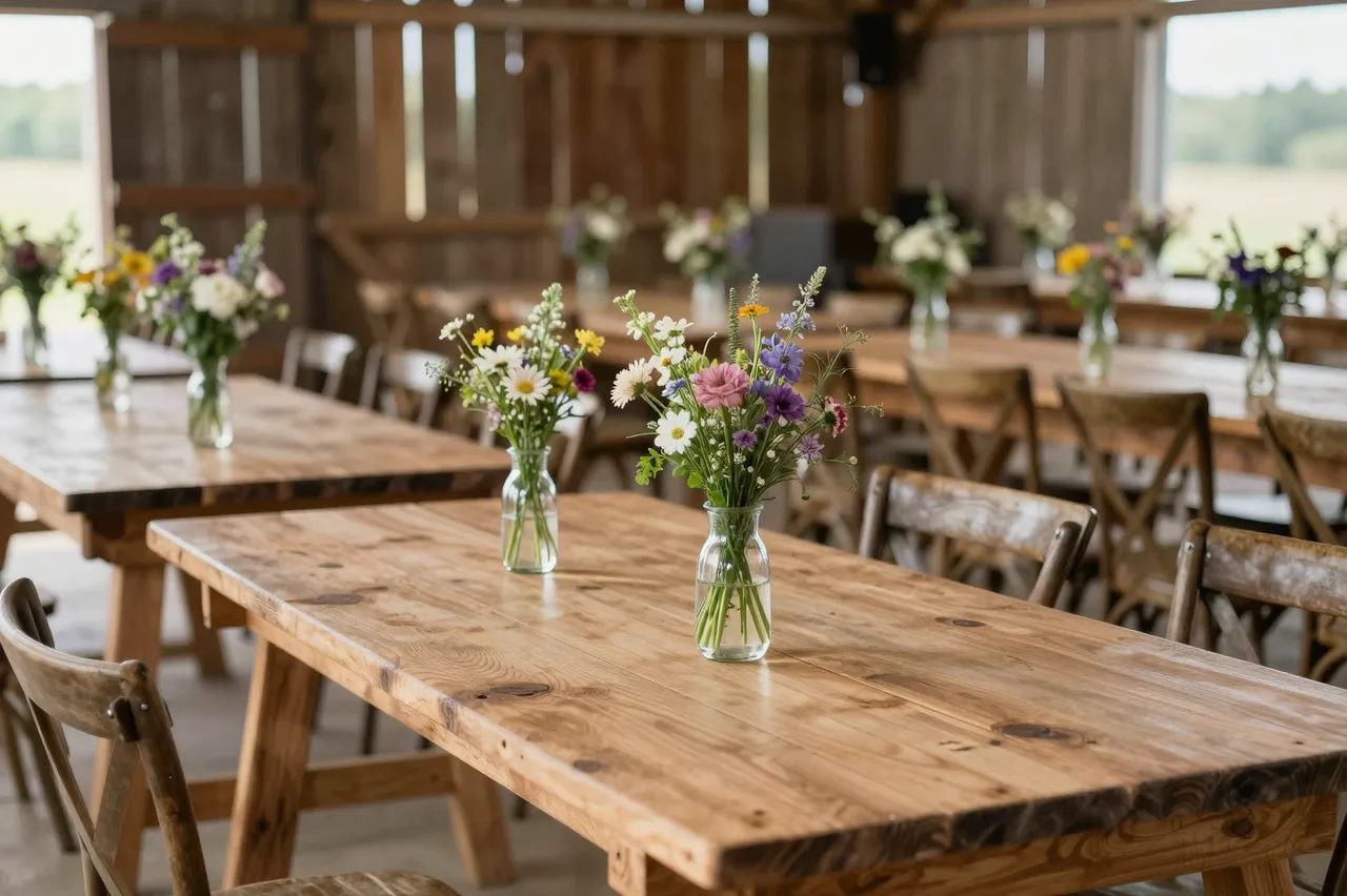 Empty wooden farm tables lined with wildflower vases inside a rustic barn reception venue