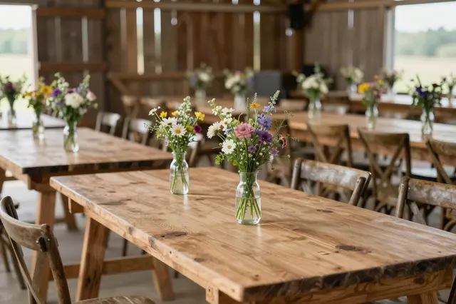 Empty wooden farm tables lined with wildflower vases inside a rustic barn reception venue