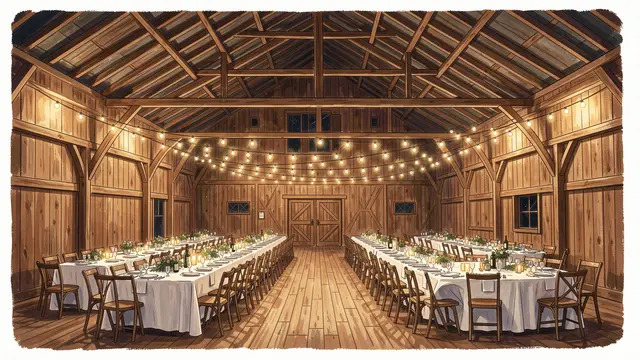 Empty interior of a wooden barn set for a night wedding reception with string lights and long dining tables