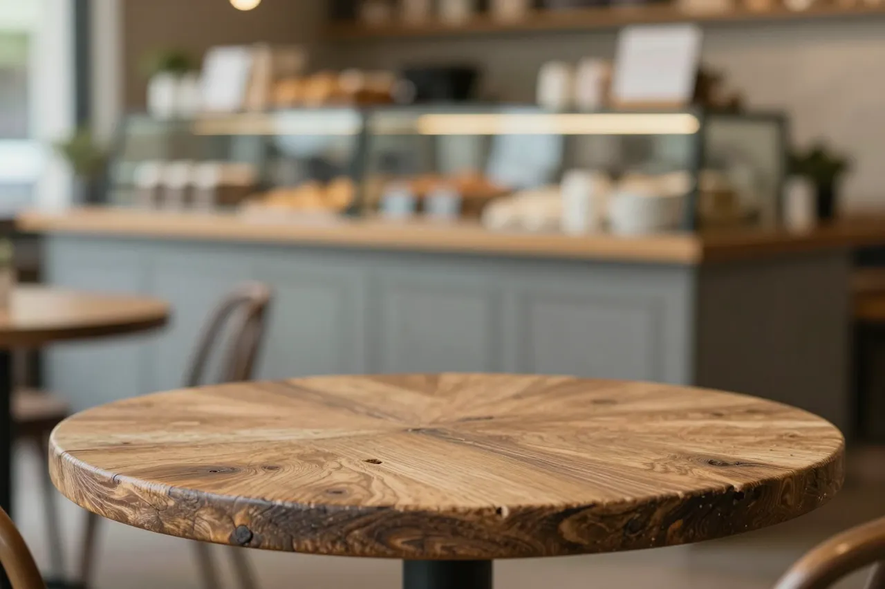 A round rustic wooden cafe table sits in front of a softly blurred bokeh coffee shop interior.