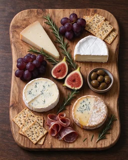 Overhead view of a wooden charcuterie board arranged with cheeses, fruit, crackers and rosemary on a dark wood table.