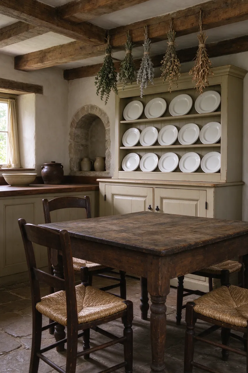 Traditional country kitchen with wooden table, rush seat chairs, plate dresser and hanging dried herbs above.