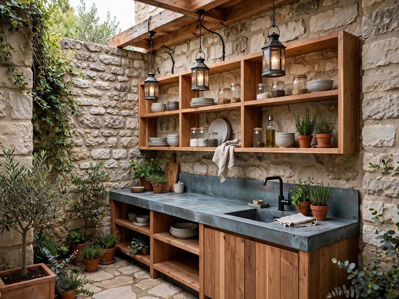Small stone courtyard outdoor kitchen with zinc counter, cedar shelving and hanging lanterns surrounded by potted herbs