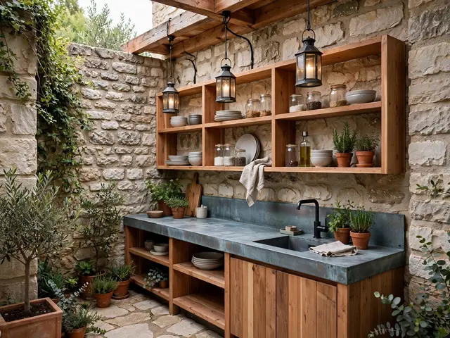 Small stone courtyard outdoor kitchen with zinc counter, cedar shelving and hanging lanterns surrounded by potted herbs