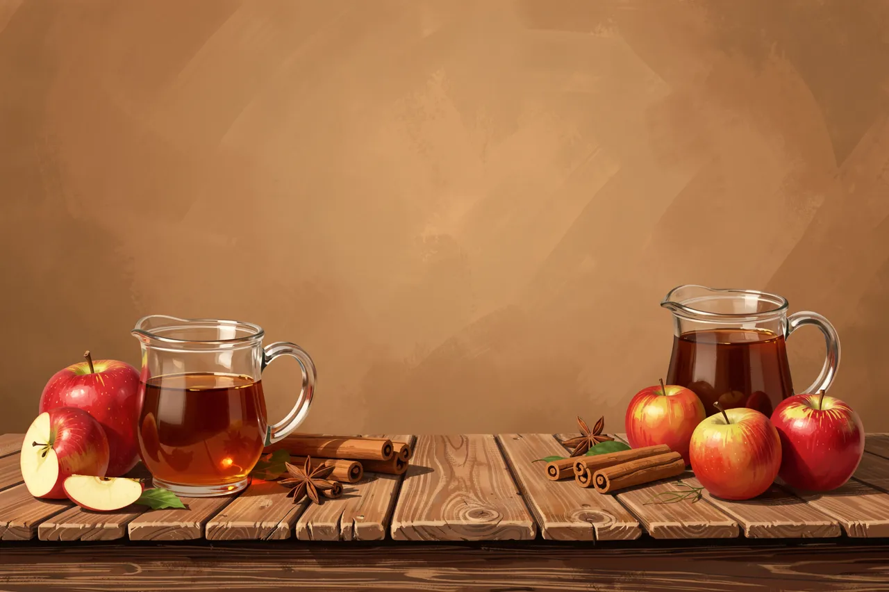Painterly autumn arrangement of apples, cider pitchers and spices on a wooden table against a warm empty wall