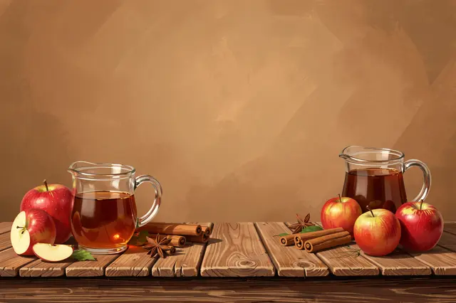 Painterly autumn arrangement of apples, cider pitchers and spices on a wooden table against a warm empty wall