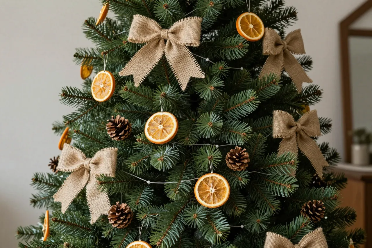A close-up of a decorated rustic Christmas tree with burlap bows, dried orange slices, and pine cones