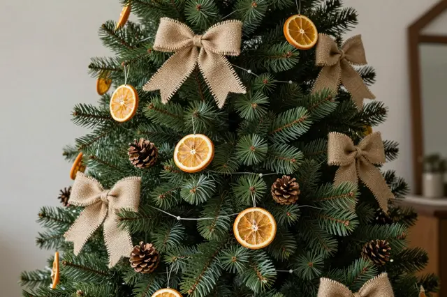 A close-up of a decorated rustic Christmas tree with burlap bows, dried orange slices, and pine cones
