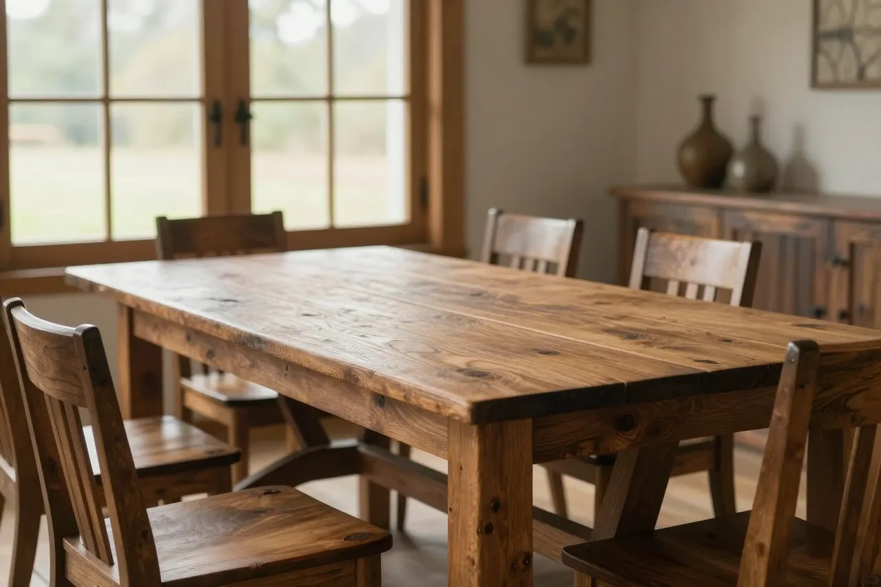 A long solid wooden dining table surrounded by matching wooden chairs sits in a sunlit rustic farmhouse dining room.