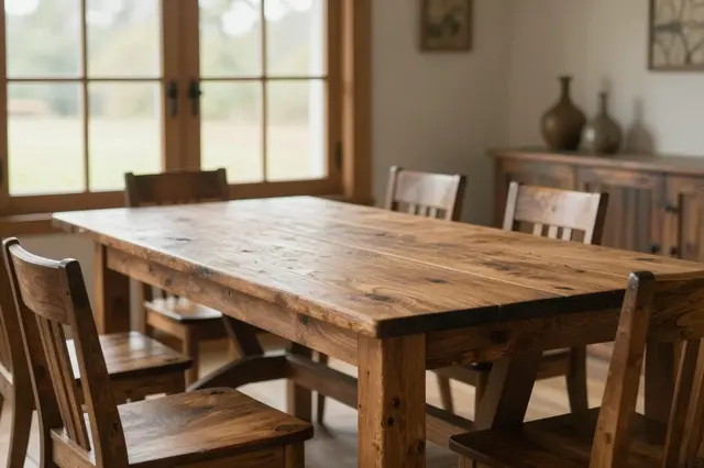 A long solid wooden dining table surrounded by matching wooden chairs sits in a sunlit rustic farmhouse dining room.