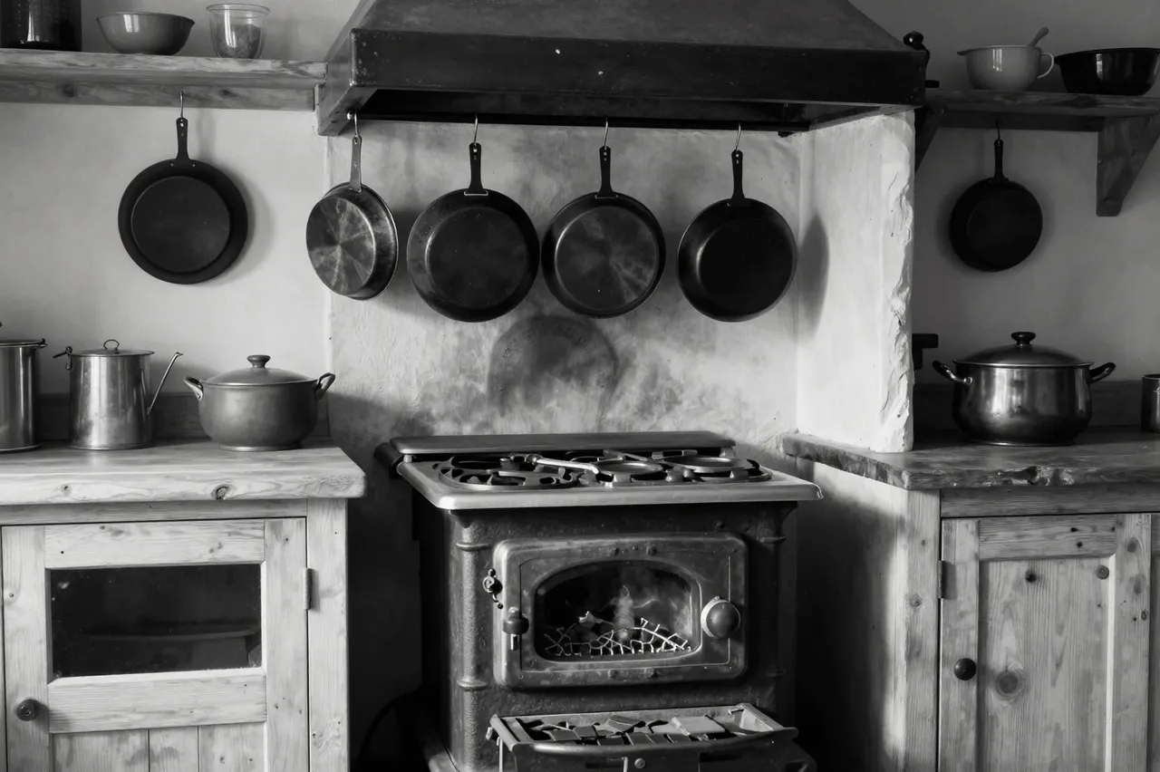 Black and white view of a rustic farmhouse kitchen with a cast iron stove and hanging cast iron pans
