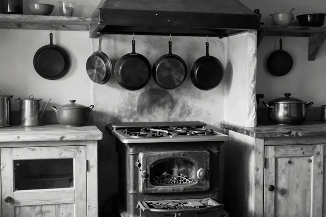 Black and white view of a rustic farmhouse kitchen with a cast iron stove and hanging cast iron pans