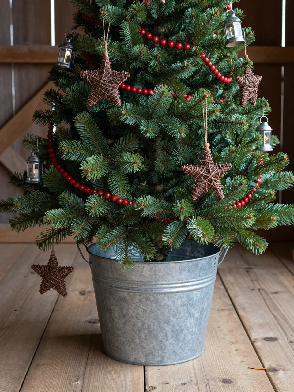 A small rustic decorated Christmas tree sits in a galvanized metal bucket on a barn wood floor