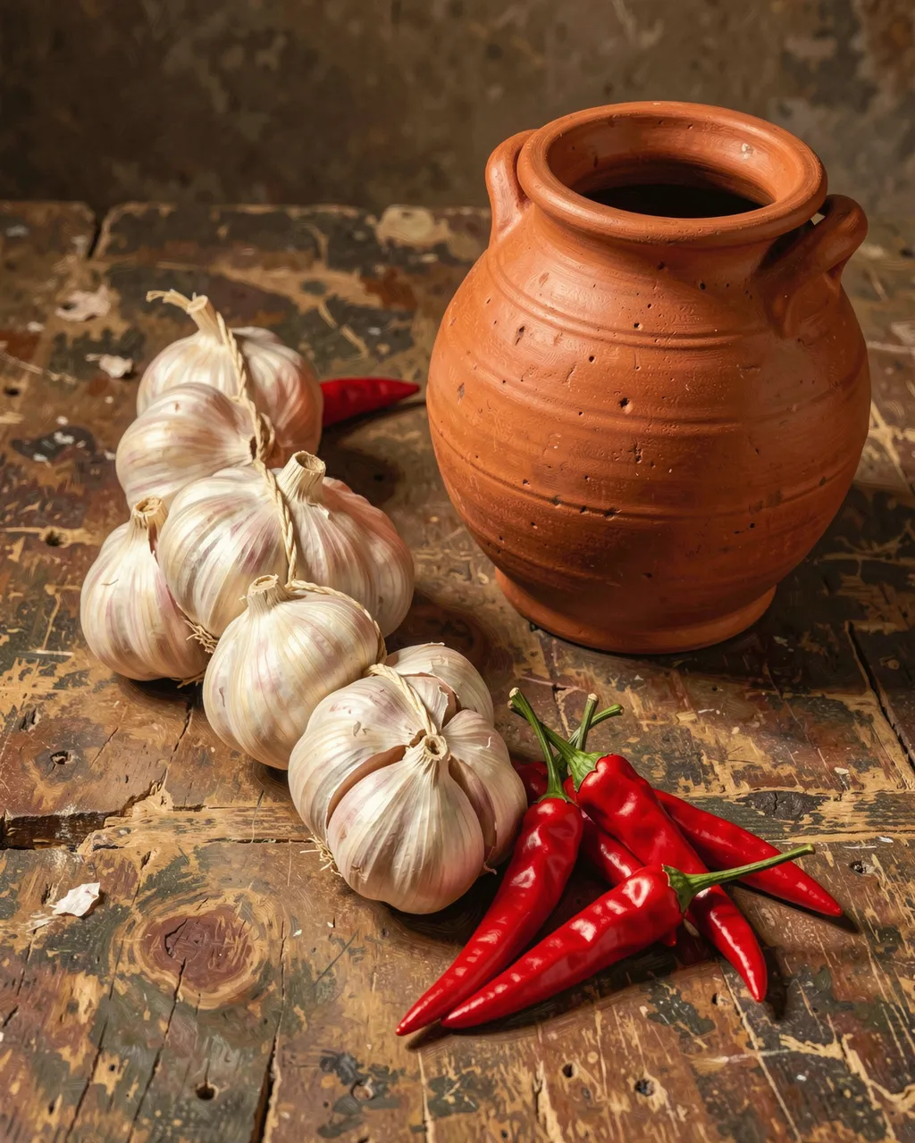 A terracotta clay pot, string of garlic bulbs and red chili peppers rest on a worn weathered wooden table.