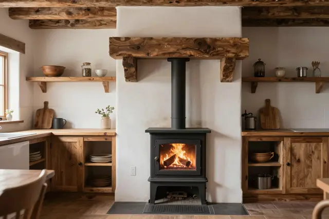 A cozy rustic kitchen centered on a lit wood-burning stove under exposed wooden ceiling beams