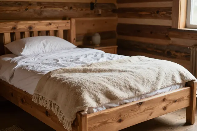 A cozy wooden cabin bedroom features a log bed dressed with white linens and a cream fringed wool blanket.