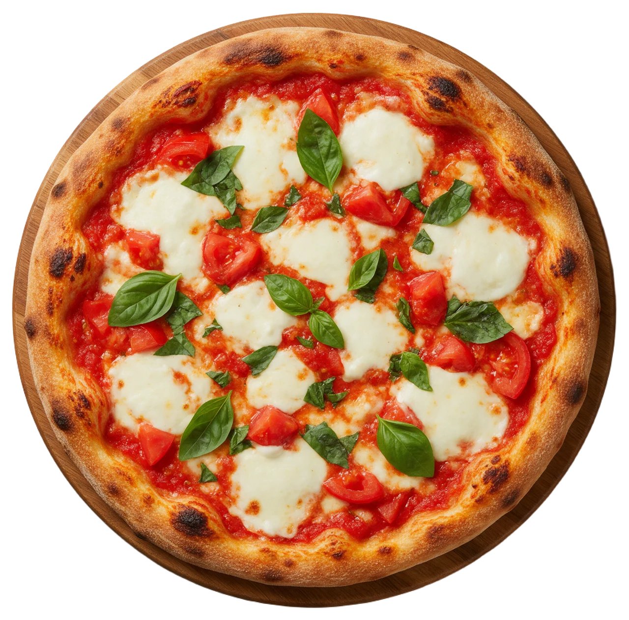 Overhead view of a whole rustic margherita pizza topped with mozzarella, tomato and basil on a round wooden board