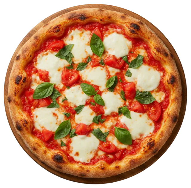 Overhead view of a whole rustic margherita pizza topped with mozzarella, tomato and basil on a round wooden board