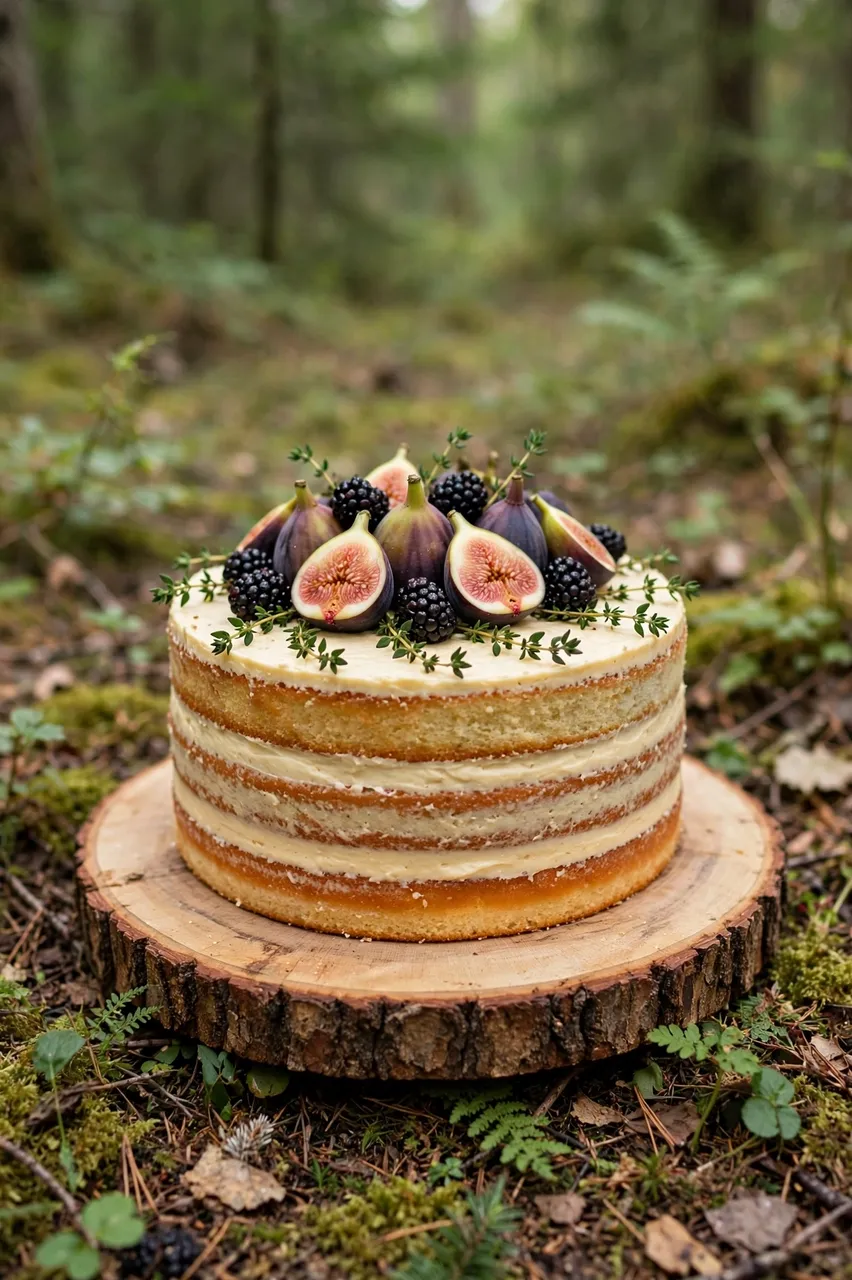 A naked rustic wedding cake topped with figs, blackberries and thyme rests on a wood slice in a sun-dappled forest clearing.