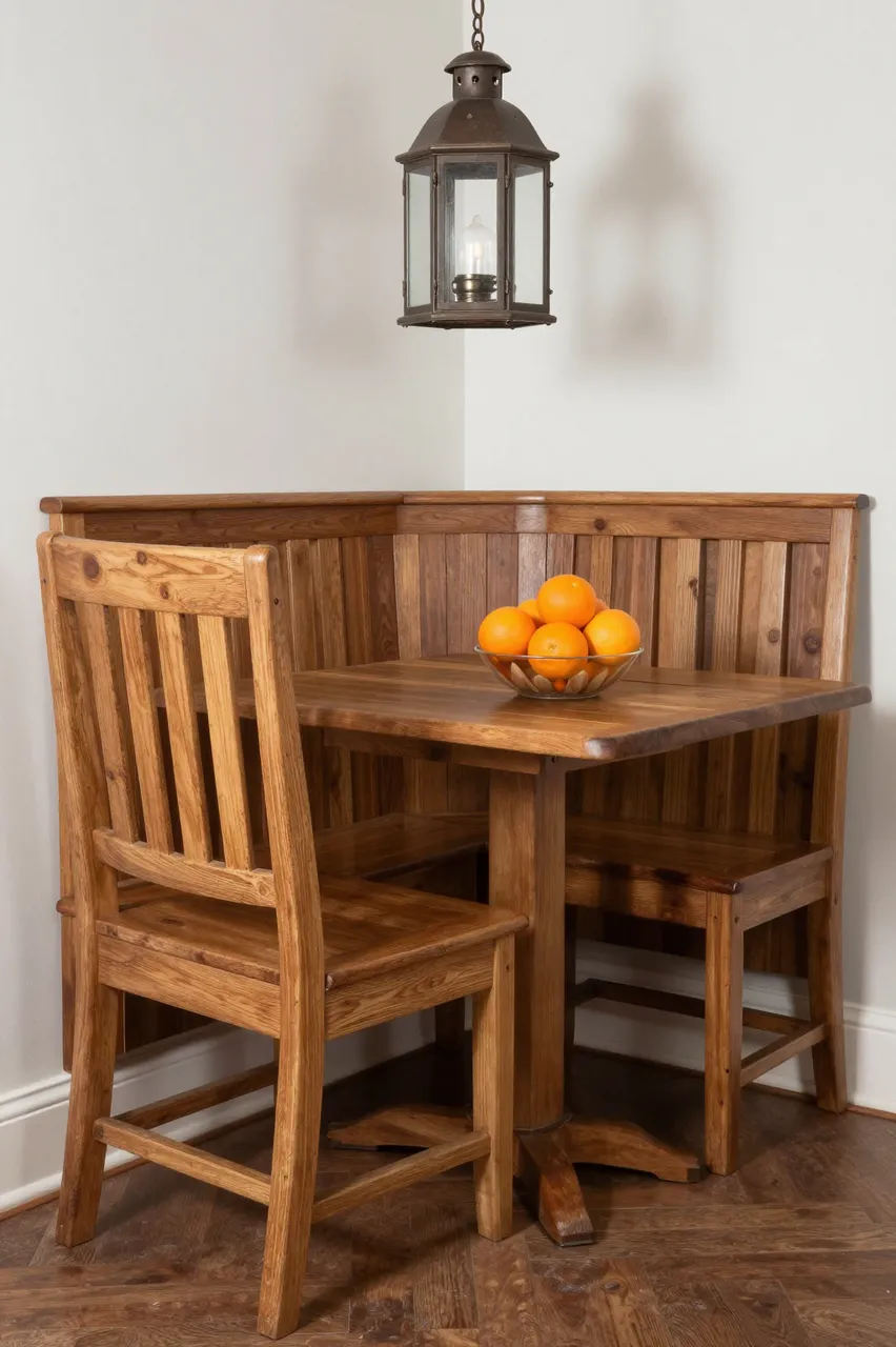 Cozy wooden breakfast nook with a corner settle, gateleg table, hanging lantern and a glass bowl of oranges.