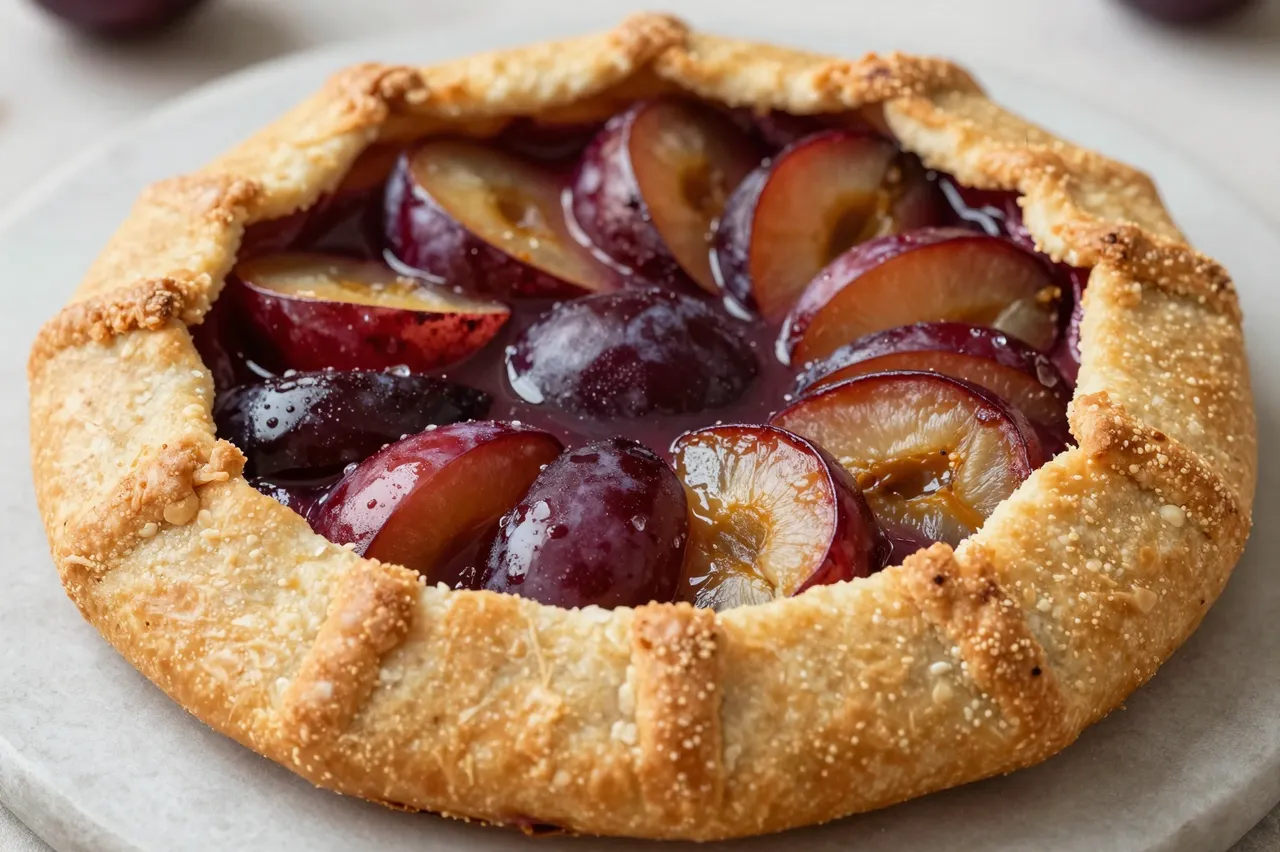 A close-up of a rustic plum galette with golden folded crust resting on a light stone plate