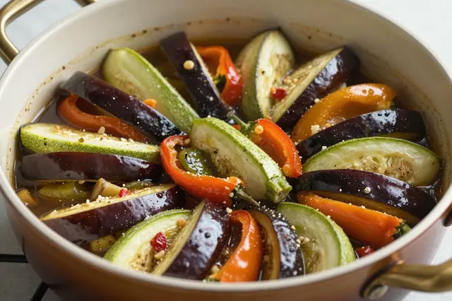 Layered eggplant, zucchini and bell pepper ratatouille sits in a ceramic cooking pot on a stovetop.