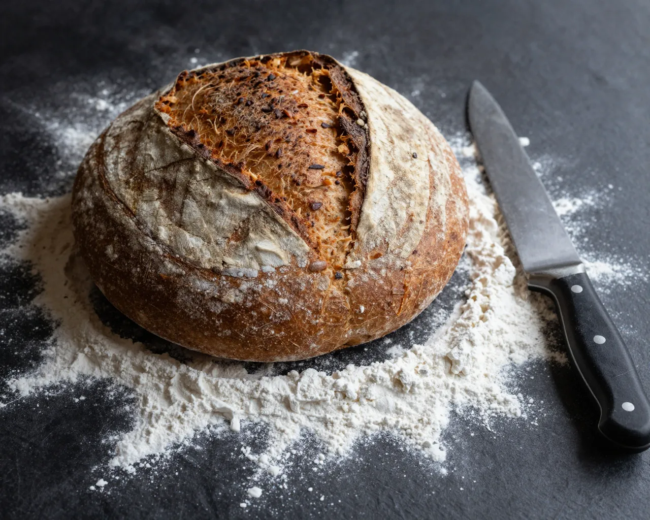 A crusty round sourdough loaf sits beside a bread knife on scattered flour over a dark board