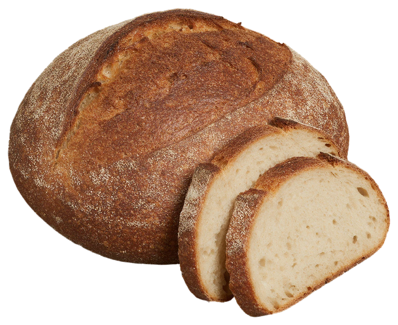 Round rustic sourdough bread with two cut slices leaning against the whole loaf