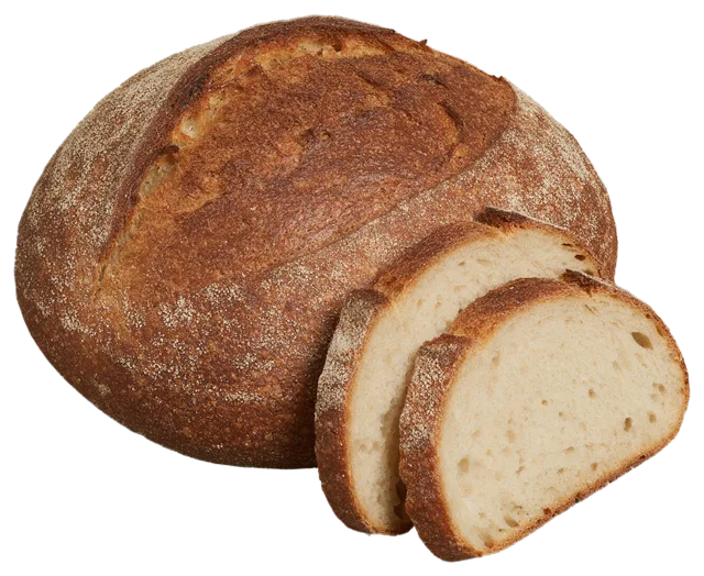 Round rustic sourdough bread with two cut slices leaning against the whole loaf