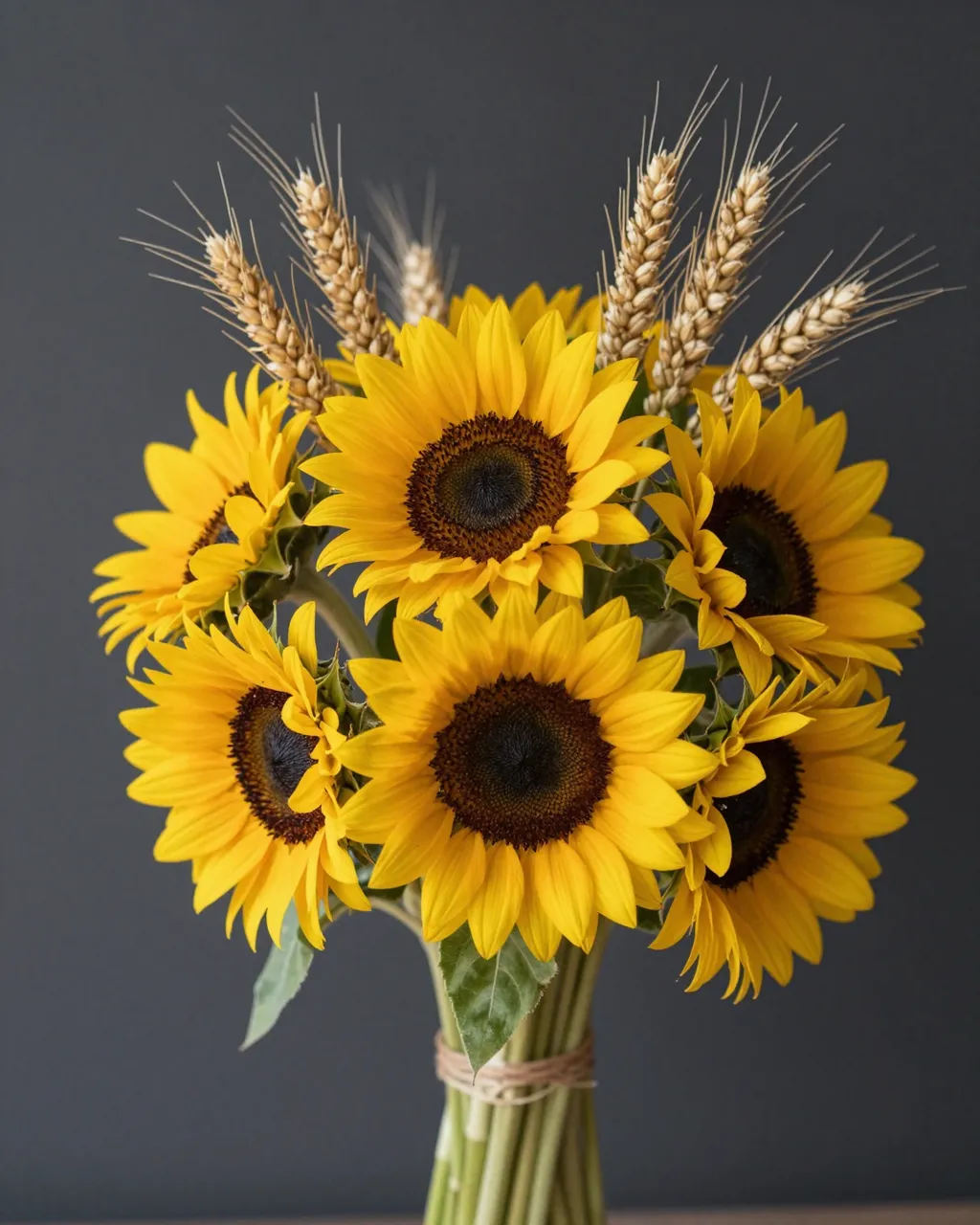 A bouquet of small sunflowers and wheat stalks tied with twine against a dark gray wall