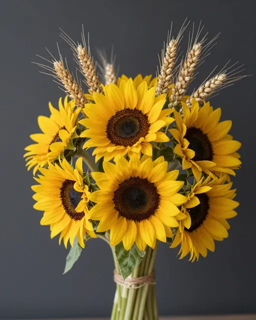 A bouquet of small sunflowers and wheat stalks tied with twine against a dark gray wall