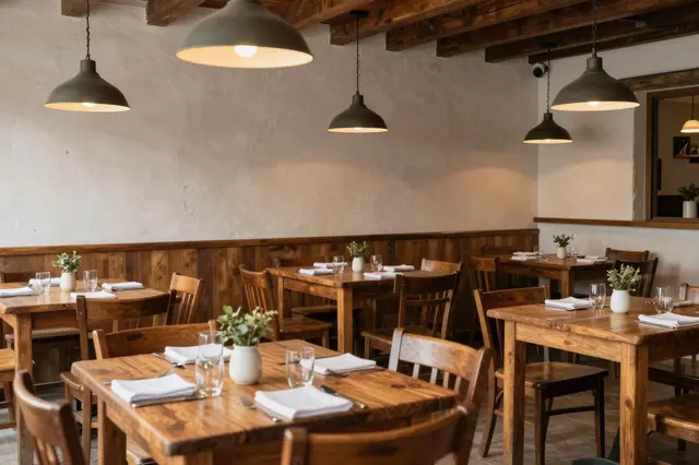 Empty rustic trattoria interior with set wooden tables and hanging pendant lamps