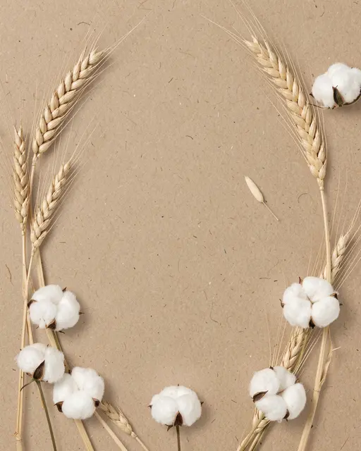 Dried wheat stalks and cotton bolls form a decorative frame around empty kraft paper space